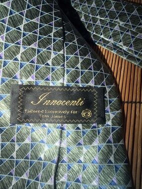 Innocenti Green Geometric Silk Tie with Blue & Purple Accents